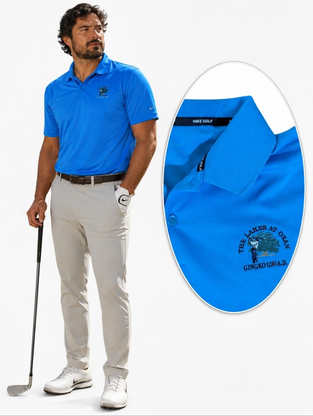 Nike Golf Blue Polo Shirt The Lakes At Osan Gingko 1280 A.D.  Logo Sz 2XL